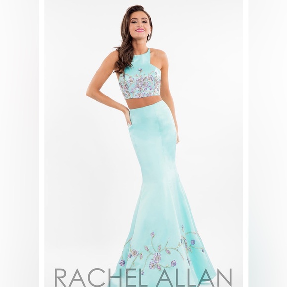 Rachel Allen Size 6 Turquoise two-piece floral prom dress - Picture 3 of 5